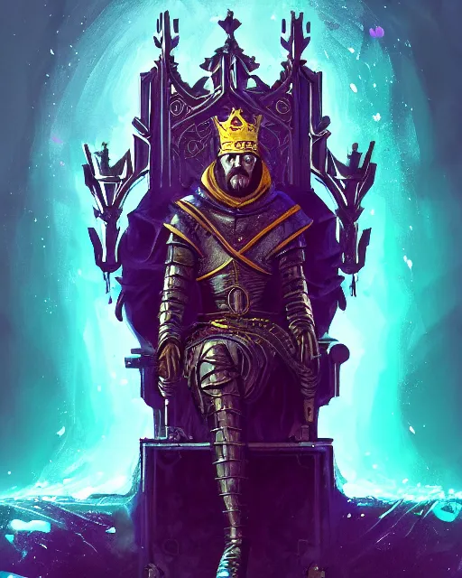 Prompt: a full length portrait of a medieval king on the cyberpunk throne, glowing eyes, dark purple color scheme, grim - lighting, high - contrast, intricate, elegant, highly detailed, digital painting, artstation, concept art, smooth, sharp focus, illustration