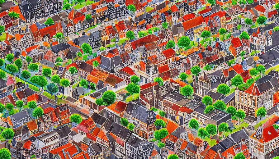 Prompt: dutch townscape, top - down isometric view, painting
