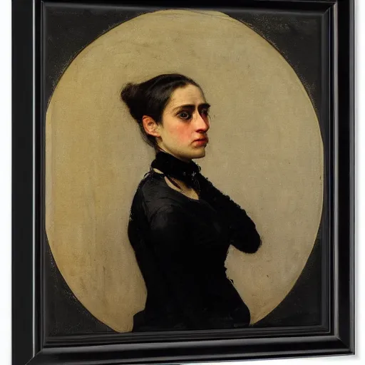 Prompt: frontal portrait of a woman with a choker and black makeup, by thomas eakins