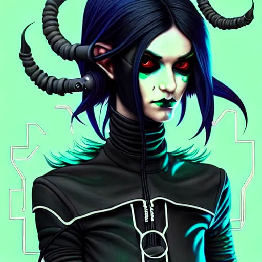 Image similar to portrait painting of a cute cyberpunk goth androgynous elf girl with beautiful flowing black hair and eyes, sharp focus, award - winning, trending on artstation, masterpiece, highly detailed, intricate. art by josan gonzales and moebius and deathburger