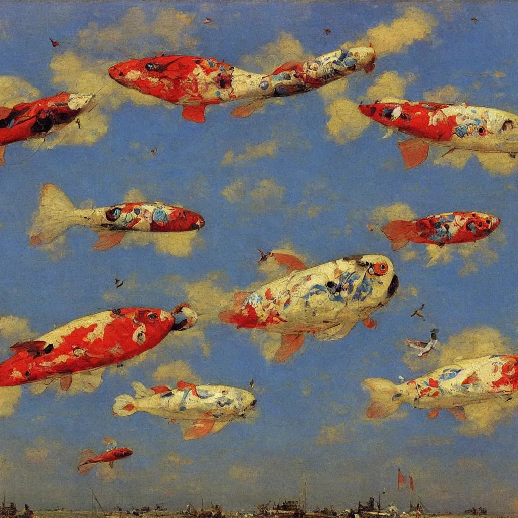 Prompt: two huge colorful flying zepplins shaped like fish, from below, 1905, colorful highly detailed oil on canvas, by Ilya Repin