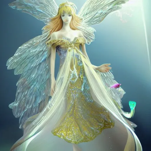 Image similar to anthropomorphic angel with betta fish dress, white and gold color palette, by Yoshitaka Amano, ethereal, dreamy, god rays