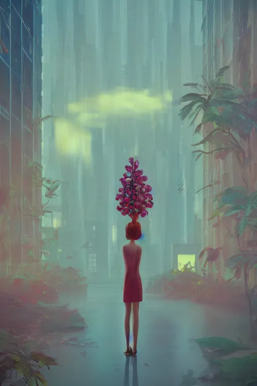 Image similar to closeup, huge flower as head, woman standing by tall modern windows, luxury apartment, surreal photography, sunlight, impressionist painting, digital painting, artstation, simon stalenhag