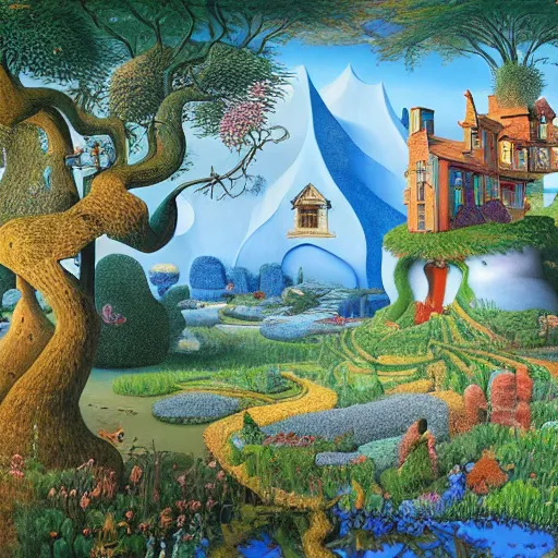 Image similar to a magical realism landscape in wonderland with house and trees by jacek yerka and salvador dali, detailed matte painting, 8 k resolution