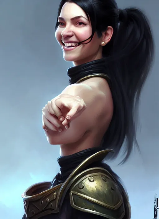 Prompt: a _ fantasy _ style _ portrait _ painting _ of woman, ponytail black hair, smile, round face, engineer rpg dnd oil _ painting _ unreal _ 5 _ daz. _ rpg _ portrait _ extremely _ detailed _ artgerm _ greg _ rutkowski _ greg