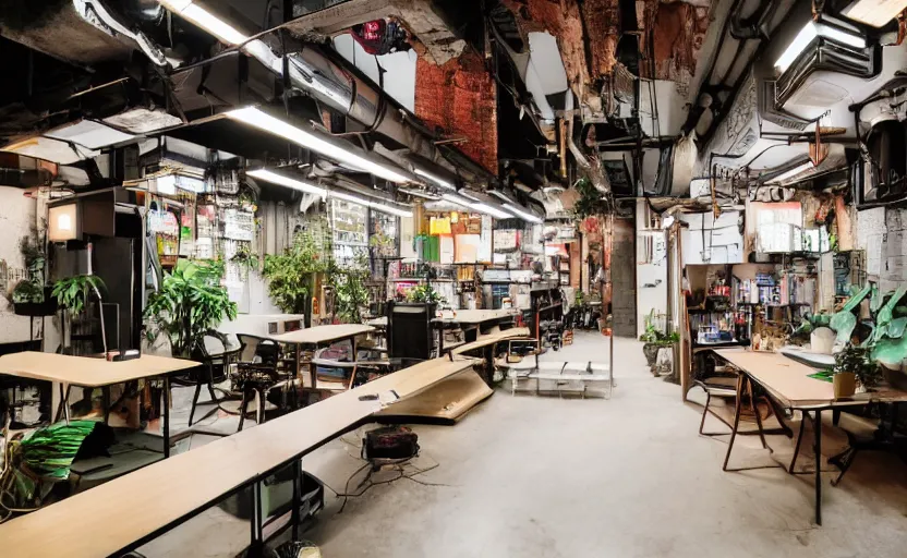 Prompt: Maximalist Japanese work space interior, multiple desks, cupboards, old brick walls, concrete, neon signs, plants, cyberpunk, large windows, Akihabara style