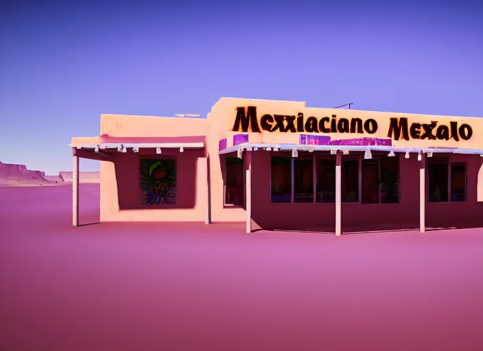 Prompt: realistic exterior photo of a mexican restaurant, vaporwave, in a flat barren desert. sandstorm, 15mm. Very detailed 8k. Sharp. Cinematic post-processing. Unreal engine. Nanite. Ray tracing. Parallax. Tessellation