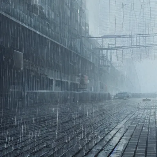 Image similar to raining dark smog dieselpunk dystopia makoto shinkai corrogated steel walkway