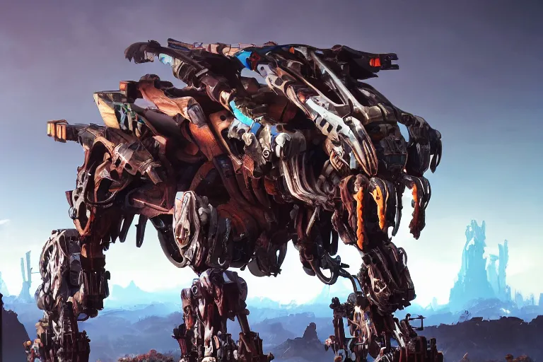 Image similar to thunderjaw machine mecha animal beast robot of horizon forbidden west horizon zero dawn bioluminiscence global illumination ray tracing hdr fanart arstation by sung choi and eric pfeiffer and gabriel garza and casper konefal