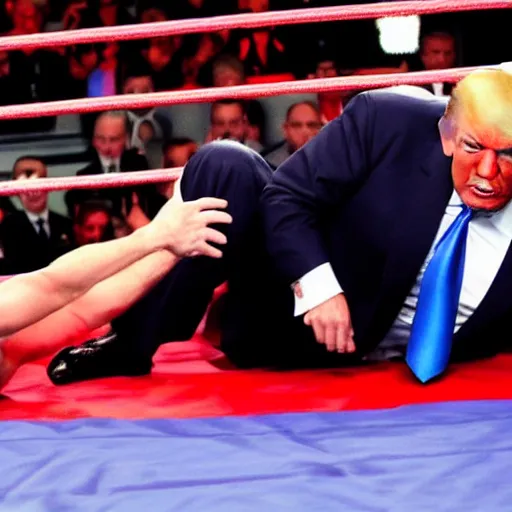 Image similar to donald trump suplex vladimir putin, wrestling ring, vivid, colorful