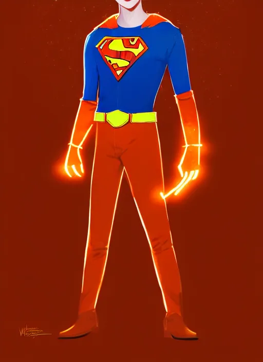 Image similar to kind teenage archie andrews wearing an orange superhero costume, freckles, superhero costume with heart emblem, cape, intricate, elegant, glowing lights, highly detailed, digital painting, artstation, sharp focus, illustration, art by wlop, mars ravelo and greg rutkowski