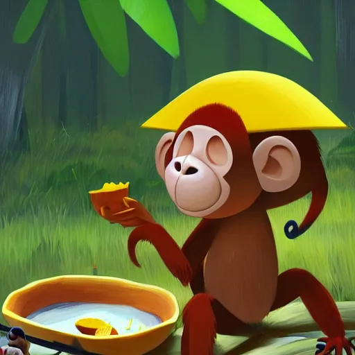 Image similar to goro fujita ilustration jungle monkeys trying to take food from a family of campers, painting by goro fujita, sharp focus, highly detailed, artstation