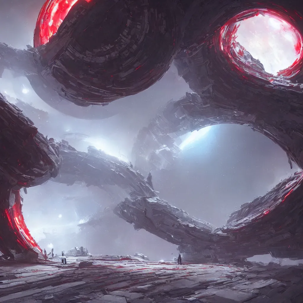 Image similar to scifi portal entrance, dyson sphere program white and red planet, concept art, by greg rutkowski, xray melting colors