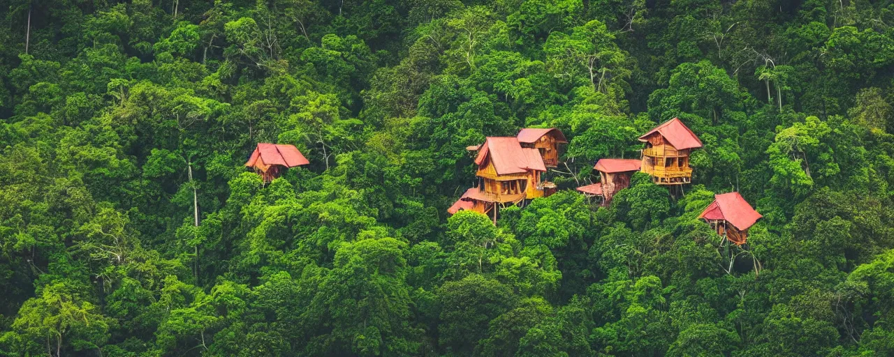 Prompt: A village of wooden tree houses surrounded by beautiful jungle, bold colours, aerial view, cartographic