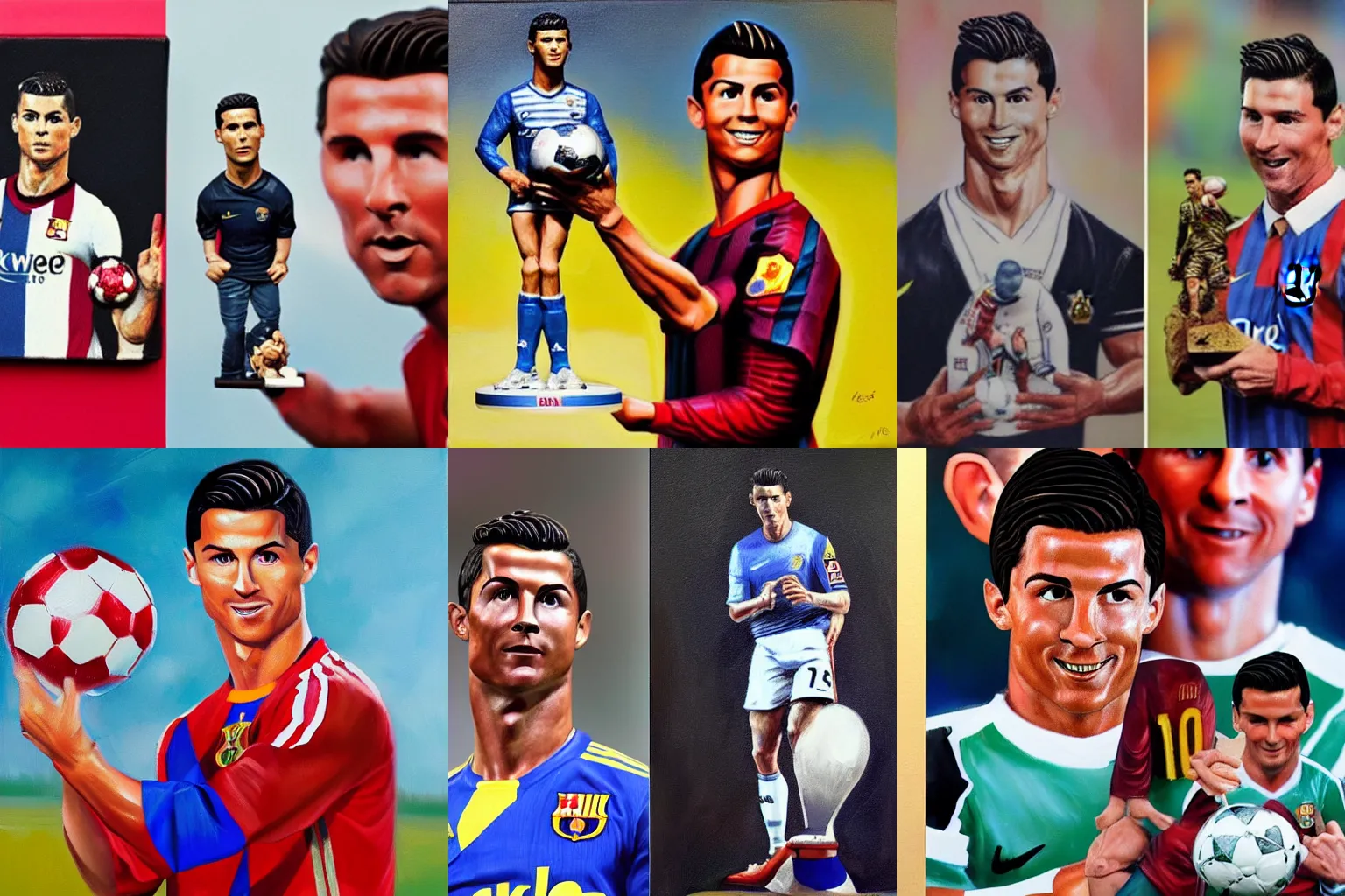 Prompt: Cristiano Ronaldo holds Lionel Messi figurine, oil painting of the 1980s