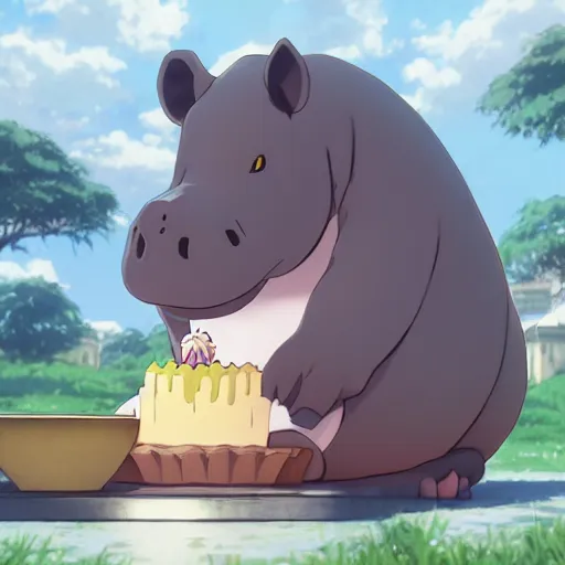 Prompt: a very fat hippo eating cake, illustration concept art anime key visual trending pixiv fanbox by wlop and greg rutkowski and makoto shinkai and studio ghibli and kyoto animation symmetrical facial features