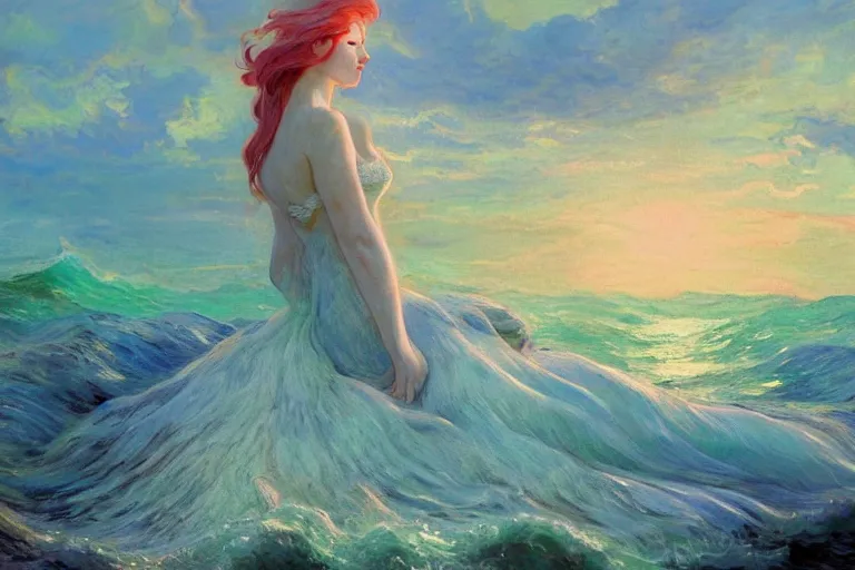 Image similar to a beautiful painting of the sea at dawn, spume dreams, fading away, the little mermaid, wedding dress made by waves, sea wedding and funeral, blue, shimmering and prismatic, rococo, by krenz cushart and mucha and monet, trending on artstation.