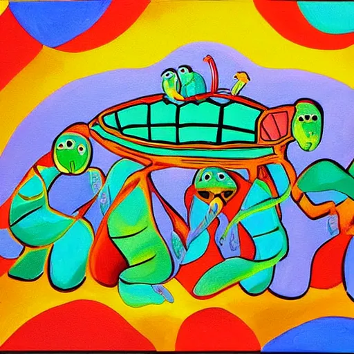 Prompt: a colorful painting of the world being supported by turtles