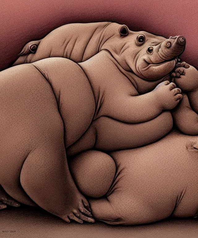 Prompt: tired humanoid hippo lying in bed, closeup, accurate features, focus, very intricate ultrafine details, masterpiece, 8 k hd, realistic shaded lighting, digital painting, artstation, concept art, kids book illustration, sharp focus, illustration, art by geof darrow,