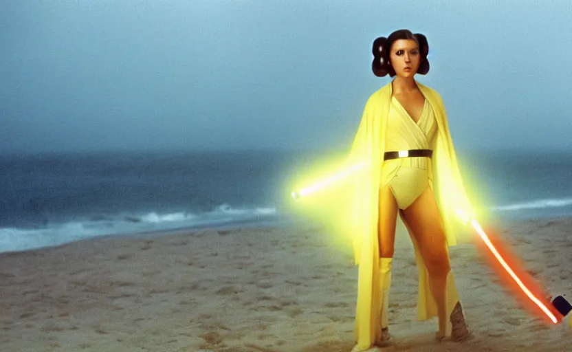 Prompt: glamour portrait of Princess Leia using yellow lightsaber on foggy beach, 1980s film directed by Stephen Speilberg, iconic scene, carrie fischer's photoreal face, stunning cinematography, hyper-detailed, sharp, anamorphic lenses, kodak color, 4k