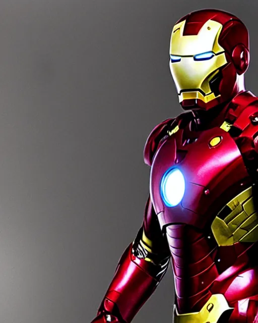 Image similar to ryan reynolds in an iron man suit, dramatic, studio lighting, photoshoot