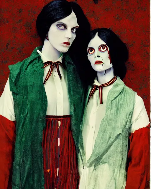 Prompt: two beautiful but creepy siblings wearing vivienne westwood collars in layers of fear, with haunted eyes and dark hair, 1 9 7 0 s, seventies, wallpaper, a little blood, morning light showing injuries, delicate embellishments, painterly, offset printing technique, by brom, robert henri, walter popp