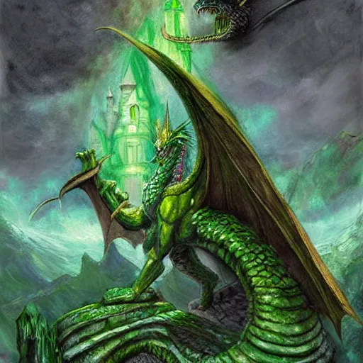 Prompt: fairy tale, painting, large green dragon, dnd, inside a castle, realistic, dungeons and dragons, detailed,