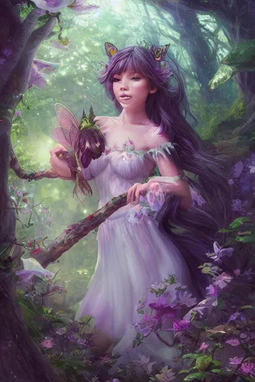 Image similar to a cute fairy in the dreamy forest, fantasy, 8 k resolution, hyper detailed, d & d, character design, digital painting, trending on artstation, sharp focus, illustration, art by artgerm, steve zheng, fuji choko, viktoria gavrilenko, hoang lap