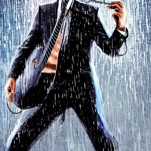 Image similar to john wick playing a guitar!!!, in the rain!!!, photorealistic!!!, realistic, dramatic, cinematic!!!, photography