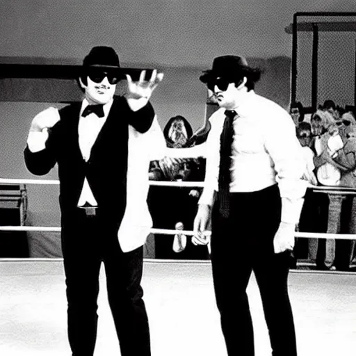 Image similar to “ the blues brothers as a professional wrestling team, fighting in the wrestling ring, still from tv broadcast ”