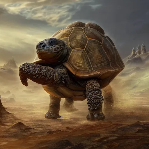 Prompt: gargantuan tortoise with a large fantasy castle armor walking through a sandy wasteland, inspired by howls moving castle and mortal engines, mid - distant shot centered birds eye view, fantasy, hyper detailed, 4 k