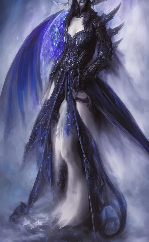 Prompt: Gothic elf princess in dark and blue dragon armor. By Konstantin Razumov, Fractal flame, chiaroscuro, holographic!!!, highly detailded