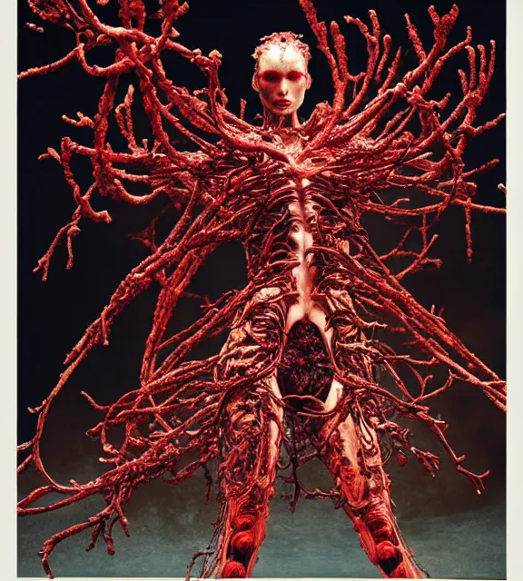 Image similar to still frame from Prometheus, harvest goddess cyborg in crimson filament mycelium, dressed by Neri Oxman and alexander mcqueen, metal couture haute couture editorial by utagawa kuniyoshi by giger