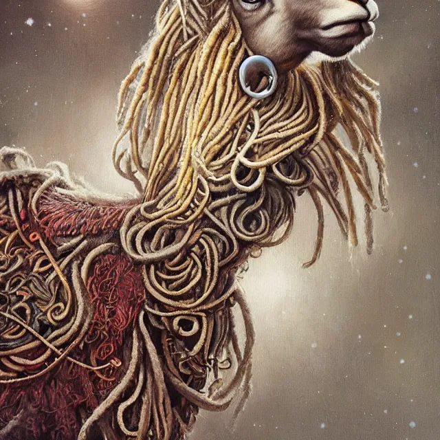 Image similar to llama with dreadlocks, art deco design, by Mandy Jurgens, Ernst Haeckel, James Jean