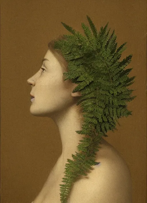 Image similar to a woman's face in profile, made of delicate ferns, in the style of the Dutch masters and Gregory Crewdson, dark and moody