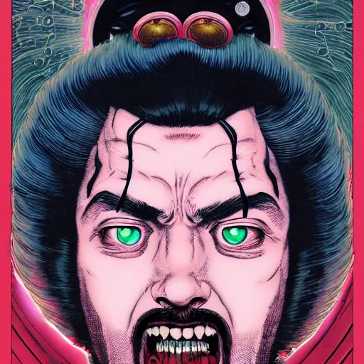 Image similar to portrait of crazy singing post malone with red eyes like hal 9 0 0 0, as vampire, symmetrical, by yoichi hatakenaka, masamune shirow, josan gonzales and dan mumford, ayami kojima, takato yamamoto, barclay shaw, karol bak, yukito kishiro