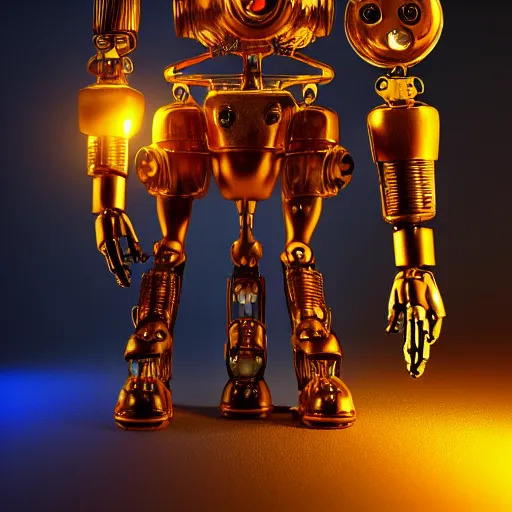 Prompt: a sitting golden and blue metal humanoid steampunk robots wearing and gears and tubes, head is bowed in sadness, eyes are glowing red lightbulbs, shiny crisp finish, 3 d render, 8 k, insaneley detailed, fluorescent colors