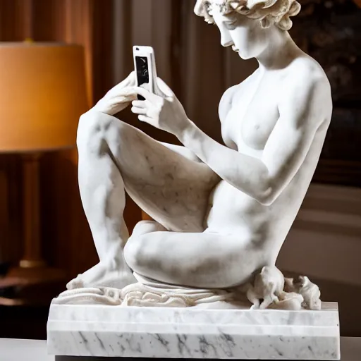 Prompt: Finely carved Bernini marble statue of a beautiful young nymph looking at her smartphone, shaft of sun through window, semi-translucent stone statue in a dark room