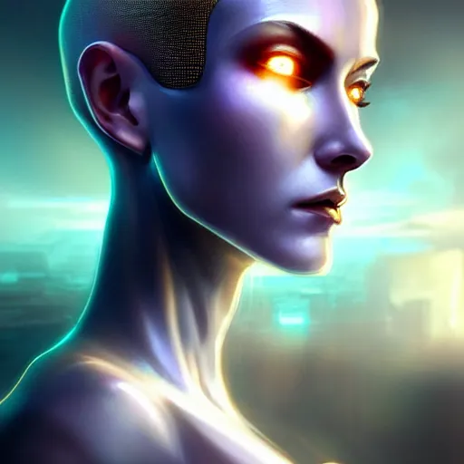 Image similar to futuristic woman android portrait, sci-fi female, striking azure eyes, face, short platinum hair tomboy, cyberpunk femme fatale, intricate, elegant lady with alabaster skin, highly detailed gold filigree, digital painting, artstation, concept art, smooth, sharp focus, illustration, art by artgerm and greg rutkowski and alphonse mucha:3, overexposed, dark, gray:-2