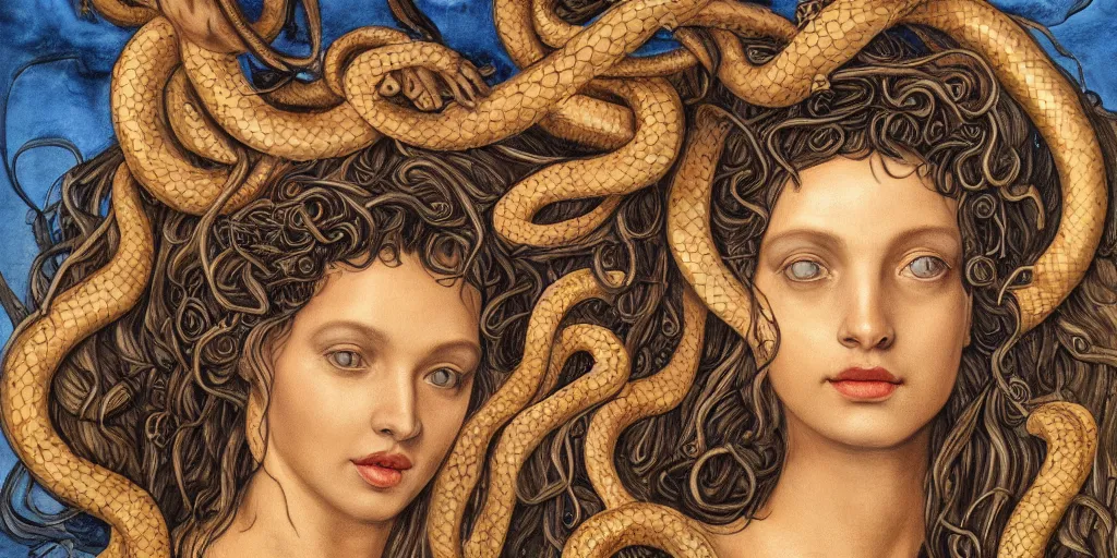 Image similar to realistic portrait of beautiful medusa with her snakes, golden, delicate, facing camera, hyper realism, 1 4 5 0, ink, ultra realistic, 8 k