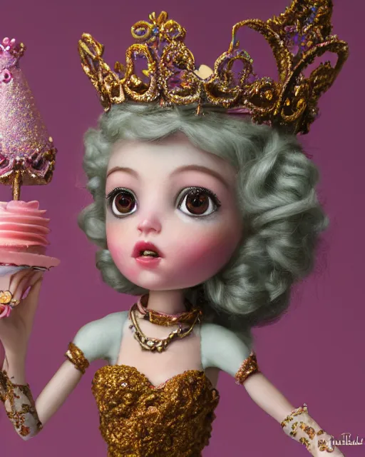 Image similar to closeup face profile portrait of a tin toy fairytale princess wearing a crown eating cakes, bikini, depth of field, zeiss lens, fashion photoshoot by nicoletta ceccoli, mark ryden, lostfish, breathtaking, detailed and intricate environment, 8 k resolution, extremely detailed, beautiful, establishing shot, artistic, hyperrealistic, octane render
