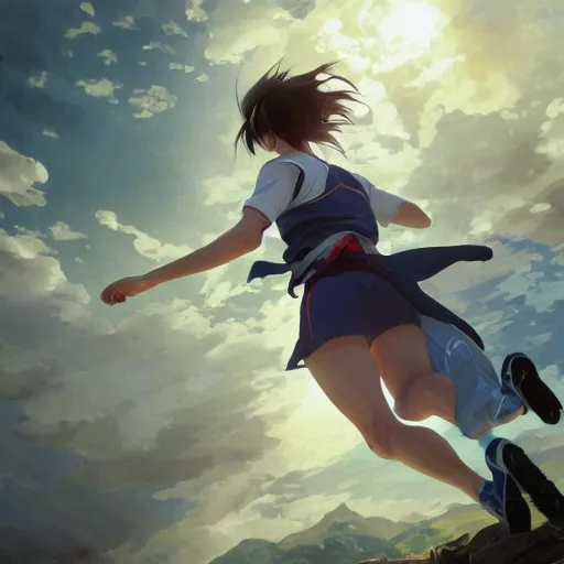 Prompt: a girl is running, sport clothing, anime style, short hair, hair down, symmetrical facial features, from arknights, hyper realistic, 4 k, rule of thirds, extreme detail, detailed drawing, trending artstation, realistic lighting, ultra hd, by alphonse mucha, greg rutkowski, sharp focus, backlit, real faces, realistic anatomy