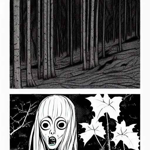Prompt: in the style of sui ishida, junji ito, rafael albuquerque, transparent ghost screaming, in the woods, moody lighting
