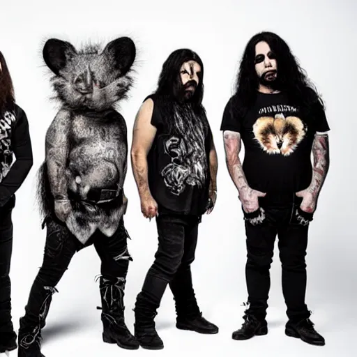 Image similar to of an heavy metal band whose members are cute animals, hyper realistic, 8 k