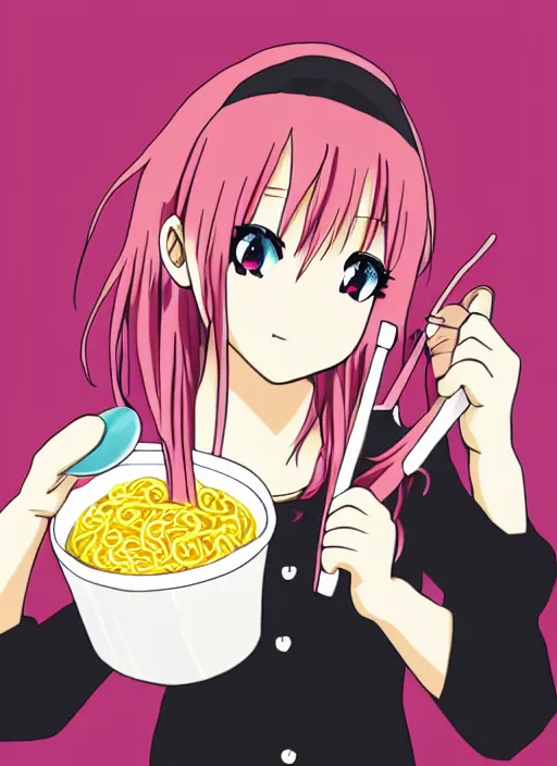 Prompt: anime girl with pink hair eating ramen noodles, black background, anime style