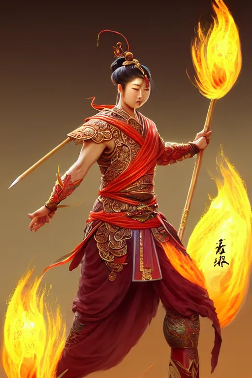 Image similar to cute nezha, highly detailed, man holding spear, flame everywhere, epic pose, masterpiece chinese fantasy character portrait, highly detailed, digital painting, trending on artstation, concept art, sharp focus, illustration, global illumination, ray tracing, realistic shaded, art by artgerm and greg rutkowski and fenghua zhong and brian sum and raymond swanland