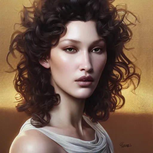 Prompt: ultra realistic illustration, bella hadid wearing a curly english mustache, intricate, elegant, highly detailed, digital painting, artstation, concept art, smooth, sharp focus, illustration, art by artgerm and greg rutkowski and alphonse mucha