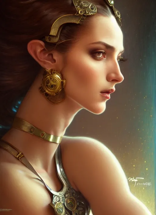 Prompt: glamorous Andalusian portrait, seductive eyes and face, elegant, lascivious pose, very detailed face, studio lighting, photorealism, wearing Forerunner armor from Halo portrait by Magali Villeneuve and Steve Argyle,Livia Prima,Mucha,dress,fantasy art,beautiful,artstation,trending on artstation,intricate details,alluring,masterpiece