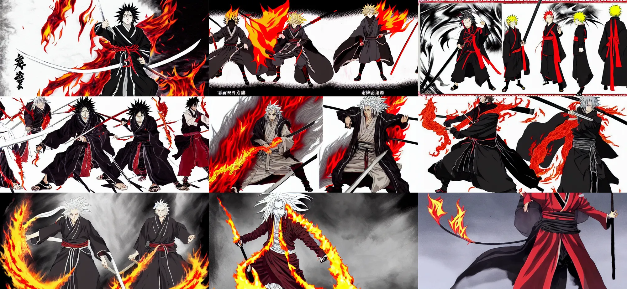 Prompt: Concept art of flame hashira rengoku kyojurou demon slayer kimetsu no yaiba one-piece black garb covered with a long white cloak with a flaming pattern, yellow hair with red tips, flames follows his movement, full body wuxia, samurai swordsmanship, art by Akihito Yoshitomi AND Yoji Shinkawa AND Greg Rutkowski, Mark Arian trending on artstation, 4k