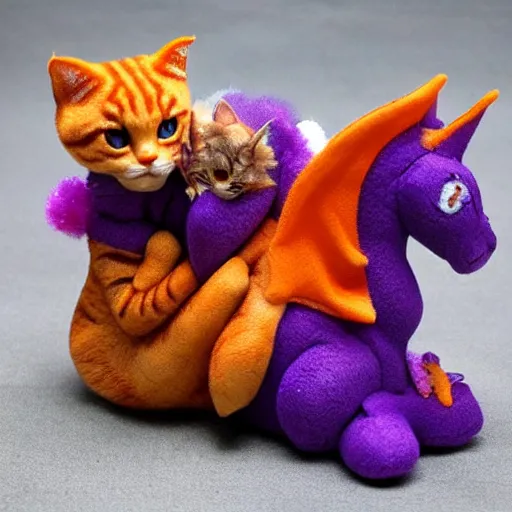 Image similar to tiny adorable purple fantasy dragon cuddles an orange tabby cat, realistic, orange tabby cuddles purple dragon, award - winning photography